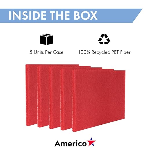 Americo Red Buffer Floor Pad, for Light Cleaning and Buffing, 14"x28", 5 Pads/Case, Made of 100% Recycled Content, USA Made