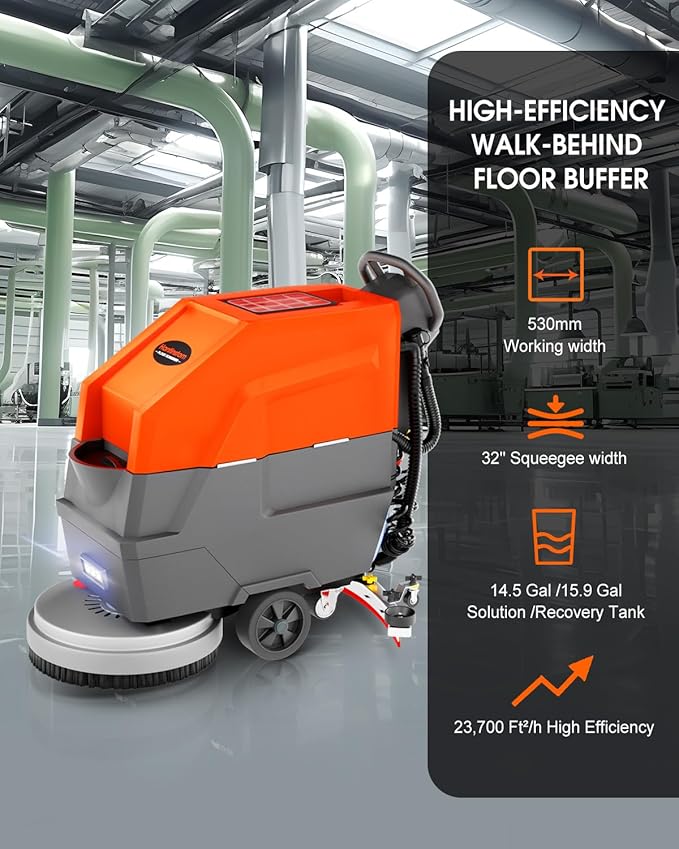 Walk Behind Commercial Floor Scrubber with 20" Ultra-Wide Scrubbing Path,High-pressure Watergun，LED Light，14.5 Gal Large Solution Tank,4 Hours Cordless Working Time,23,700 Sqft/h