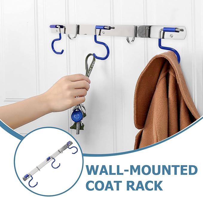 Stainless Steel No-Drill Mop and Broom Holder Wall Mounted Rack with 3 Slots and 2 Hooks Multifunctional Bathroom and Kitchen Storage Organizer