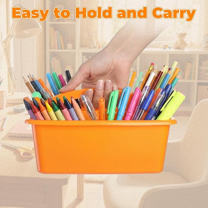 Kathfly 8 Pack Caddy Organizer with Handle, Stackable Organization Storage, Small Plastic Basket Classroom Caddy for Table Desk Office Pencil Kids Room Craft Art Teacher School Supplies (Blue Orange)