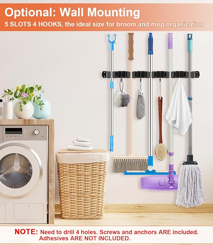 Broom Holder Over The Door Drilling Free Mop and Broom Holder with 4 Over Door Hook, Metal Mop and Broom Storage Wall Mount Broom Storage Tool Organizer for Laundry Room Garage Kitchen Bathroom