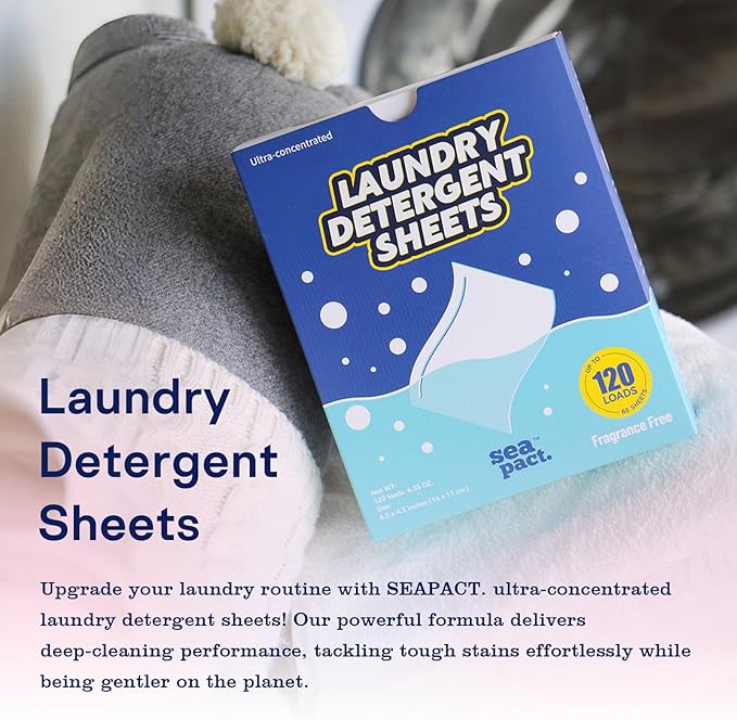 Laundry Detergent Sheets 120 Loads, Plastic Free Eco Friendly, Stain-Fighting Enzymes, Unscented Laundry Sheets, Hypoallergenic, Fragrance Free, Space-Saving for Dorm House, Travel essentials, 60 Ct