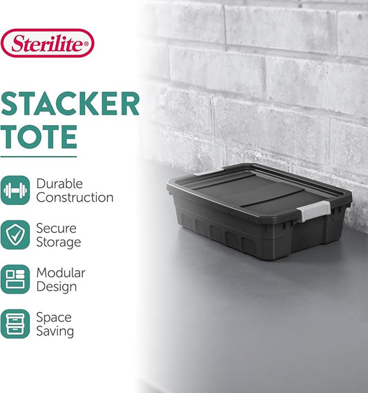 Sterilite 18-Pack Plastic Storage Bins with Lids, Stackable Containers, 10 Gallon, Black