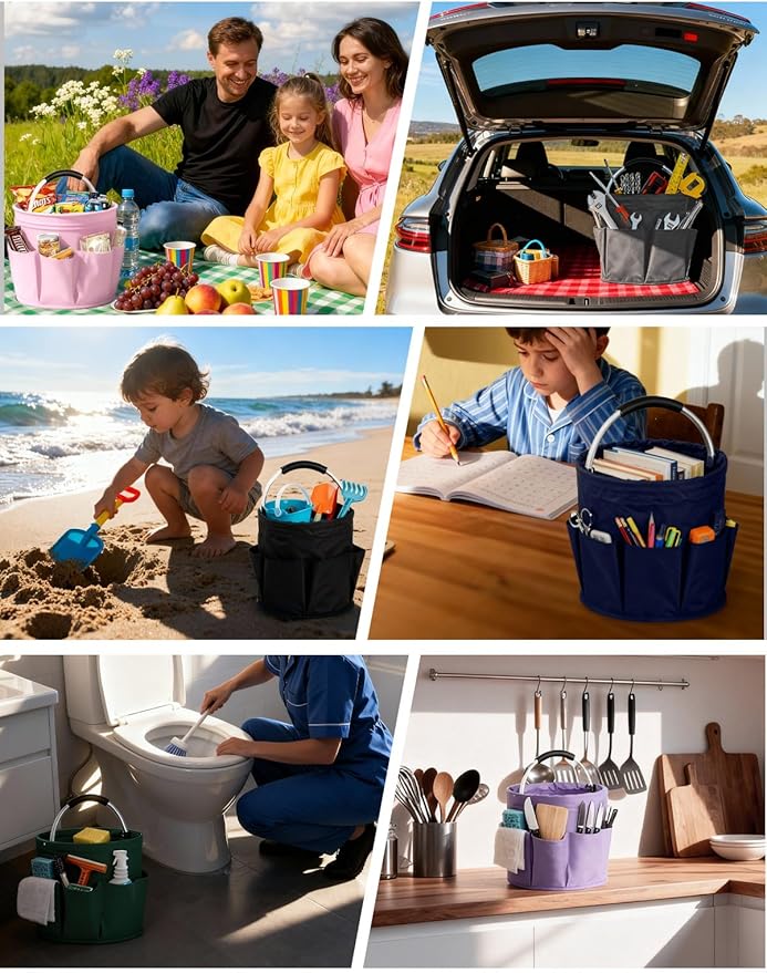 Cleaning Caddy with Handle, Cleaning Products Organiser, Foldable Storage Basket, Large Supply Organiser 17L with 6 Pockets, Portable Cleaning Caddy for Home & Garden (Black)