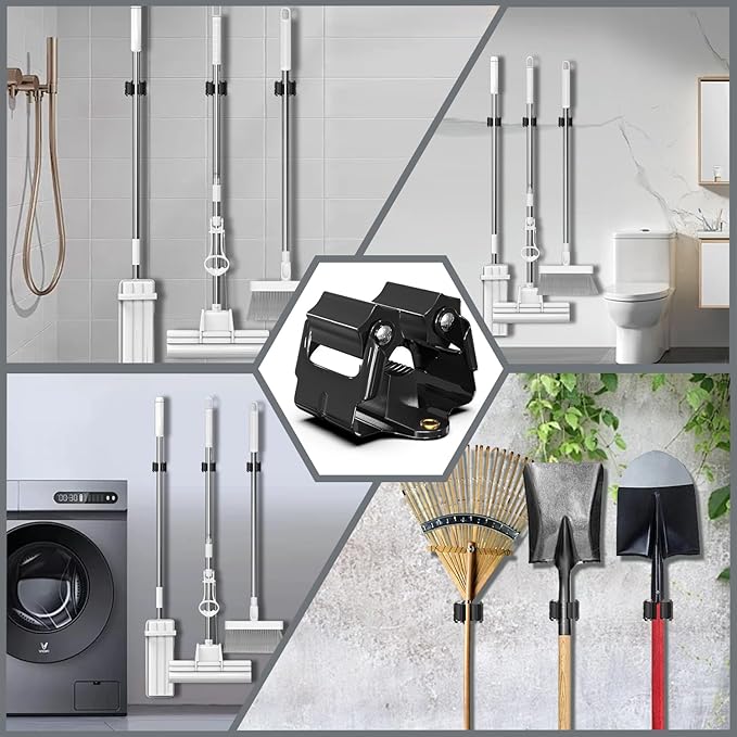 Mop and Broom Holder Big Size Hanging 1KG Extra, 12 Pack, Wall Mount for Organizing Mop Broom in Garden, Laundry Room, Cleaning, Bathroom, Kitchen, Garage (Black)