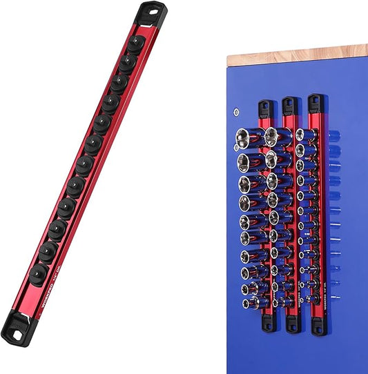 WORKPRO Magnetic Socket Organizer, 1/4" Drive Aluminum Alloy Socket Holder with 12PC Removable Socket Clips for Quick Customization, Socket Rail for Tool Box Drawer (Sockets Not Included)
