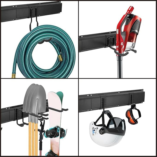 Sinoer Heavy Duty Steel Garage Wall Mount Garden Tool Organizer with 9 Adjustable Metal Hooks and 2 Straps, for Garden Tools, Chairs, Brooms, Mops, Rakes, Shovel