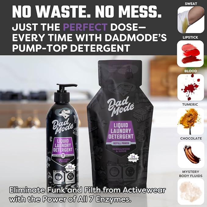 DadMode 7-Enzyme Liquid Laundry Detergent | 64 Loads | Sandalwood & Suede | 8x Concentrated Probiotic Odor & Stain Cleaner | High-Efficiency, 95% Plant-Based | Dye-Free | 16oz Aluminum Bottle