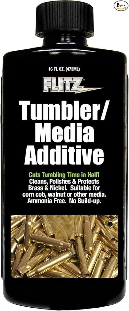 Flitz Tumbler Media Additive - 16oz Bottle of USA-Made Brass Cleaner Reloading Liquid for Ammo, Copper, & All Metals - Ammonia-Free Tumbling Polish to Remove Oxidation, Powder Residue (6 Pack)
