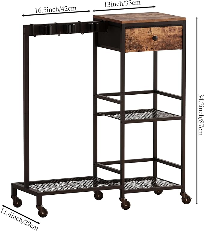 Heavy Duty Metal Cleaning Cart with Wheels,Broom Holder with Cleaning Supplies Organizer,Broom Storage Cart with Mop Hanger Gripper Rack Hooks for Home, Commercial (Rustic Brown, 29.72" L)