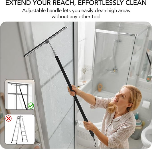 Shower Squeegee with Long Handle, 15-51" Telescopic Squeegee for Window Cleaning, Window Squeegee for Glass Doors, Extendable Window Cleaner Tool for Tile Walls, Sliding Door, Floor, Car Windshield
