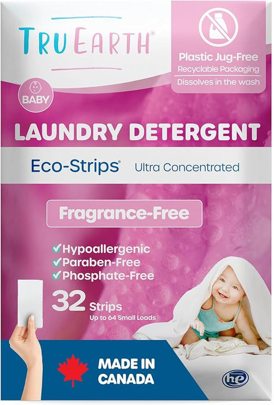 Tru Earth Hypoallergenic Baby Laundry Detergent Sheets/Eco-Strips for Sensitive Skin, 32 Count, Up to 64 Loads: Fragrance Free Detergent for Newborn, Infants, Toddlers, Children, Baby Clothes