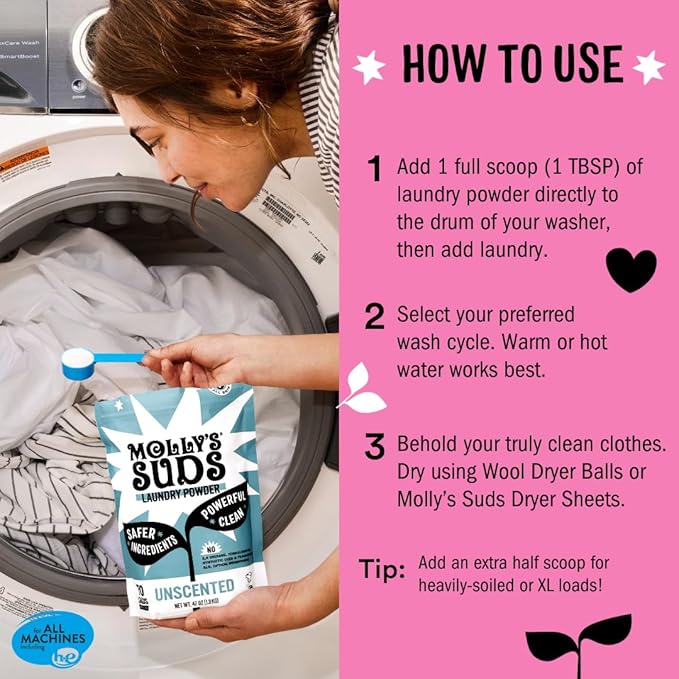 Molly's Suds Original Laundry Detergent Powder | Clean Laundry Detergent Powder for Sensitive Skin | Simple, Effective Ingredients, Stain Fighting | 120 Loads (Lotus & Peony)