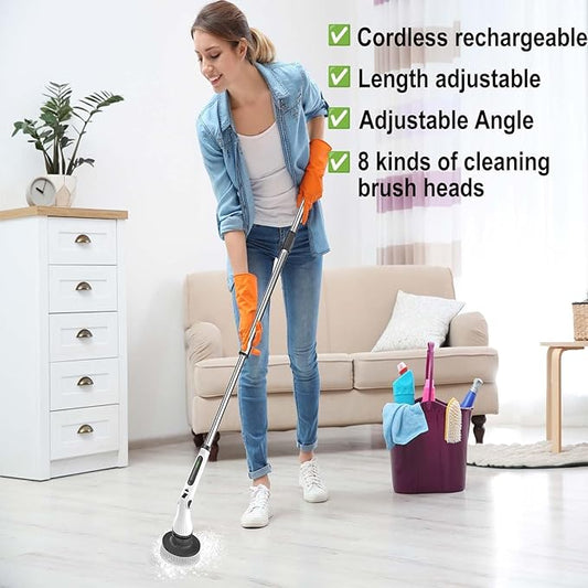 Electric Spin Scrubber, 8 in 1 Electric Cleaning Brush, Cordless Rechargeable Scrub Brush with 8 Replaceable Brush Heads, Adjustable Length and Angle Power Scrubber for Bathroom Tile Bathtub Glass