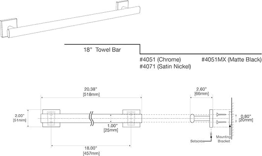 Gatco 4051MX Elevate Bathroom Towel Bar, 18-inch, Matte Black