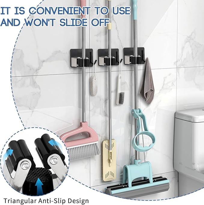 Mop Broom Holder Wall Mount, Stainless Steel, Rust Resistant, Heavy Duty, No Drill,Self-adhesive Broom Holder Wall Mount with Hooks 4Pcs for Bathroom, Kitchen, Garage, Black