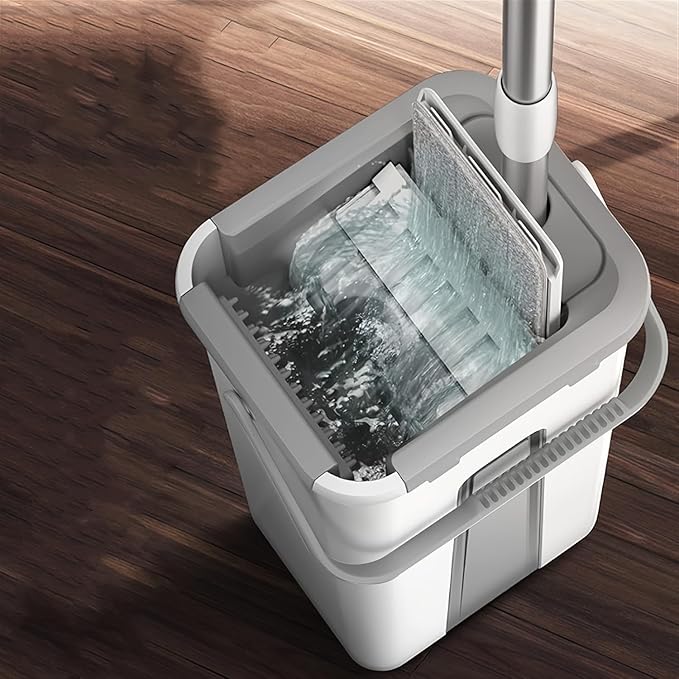 Mop and Bucket Set with Wringer, Flat Mops for Floor Cleaning, Wall Mop Cleaner with Long Handle, Hardwood Floor Mop with 4 Microfiber Pads (Grayish-White)