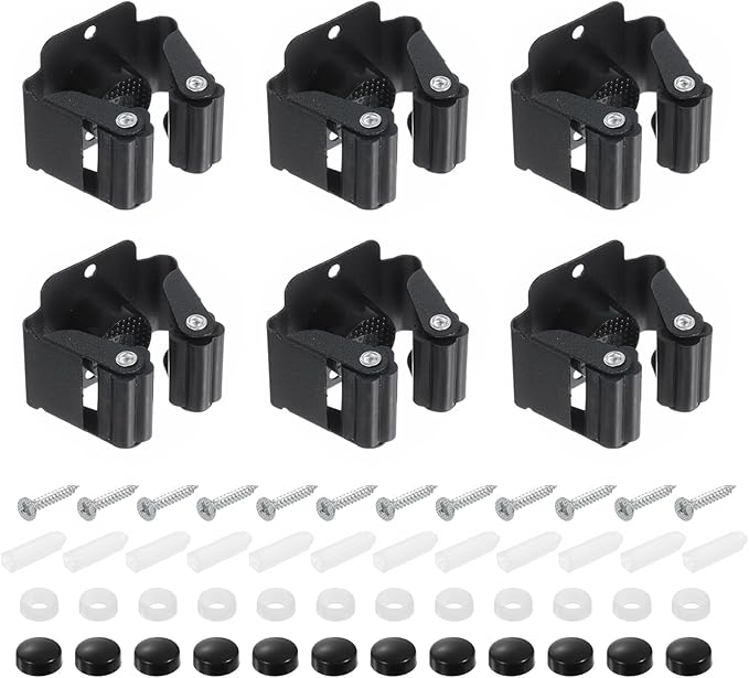 uxcell 6pcs Mop Broom Holder Wall Mount, 304 Stainless Steel Mop and Broom Holder, Wall Mounted Broom Hanger for Bathroom, Kitchen, Office, Black