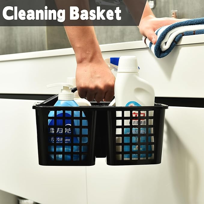 Haundry Plastic Shower Caddy Basket with 3 Compartments, Portable Divided Cleaning Supply Storage Organizer with Handle (Black)