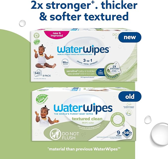 WaterWipes Sensitive+ Baby & Toddler Wipes, 3-In-1 Cleans, Cares, Protects, 99.9% Water, Textured Clean, Unscented & Hypoallergenic, 540 Count (Pack of 9)