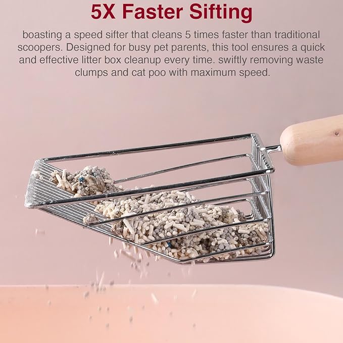 Cat Litter Scoops with Base Bracket, Kitty Scoop, Metal Cat Litter Scoop - Heavy Duty Litter Scooper & Speed Sifter with Comfortable Beech Wood Grip - Heavy Duty and Easy Clean