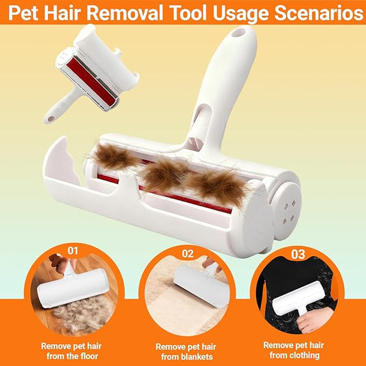 Pet Hair Remover Roller with Reusable Fiber Roller and Built-in Collection Box - Cat and Dog Hair Remover for Sofas, Carpets, and Clothing - Portable Hair Removal Tool (White)