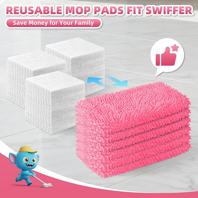 8 Pack Reusable Mop Pads Compatible with Swiffer Sweeper Mop, Wet and Dry Chenille Sweeping Cloths, Washable Pads Refill, Microfiber Pads for Multi-Surface/Hardwood Floor Cleaning (Pink)