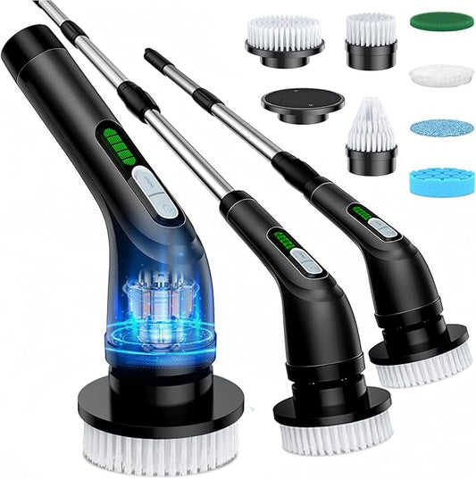Electric Spin Scrubber, Powerful 2-Speed Cleaning Brush, IPX7 Waterproof with 7 Reusable Brush Heads & Extendable Handle, for Bathroom Toilet Shower Kitchen Wall Tile Floor Grout (Black)