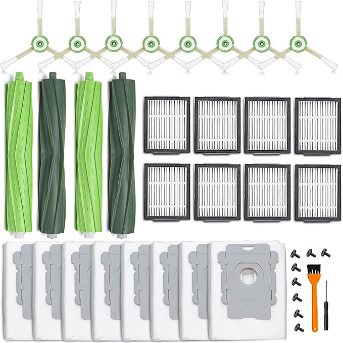 26 Replacement Parts for iRobot Roomba i7 i7+ i3 i3+ i4 i4+ i5 i5+ i6 i6+ i8 i8+ E5 E6 E7 Robot Vacuum Accessories, 2 Rubber Roller 8 Filters 8 Side Brushes 8 Vacuum Bags（NOT Fit the Combo J7+）