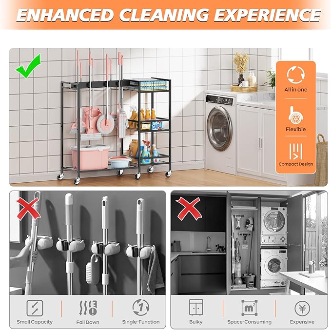 Broom and Mop Holder, Broom Closet Storage Cabinet with Cleaning Supplies Organizer, 2-in-1 Broom Mop and Cleaning Supplies Storage Cleaning Cart, Cleaning Cart with Wheels for Housekeeping