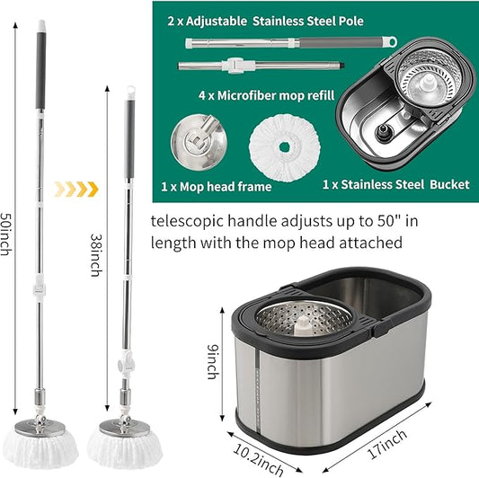 Stainless Steel Spin Mop and Bucket with Wringer Set, 360° Spinning Mop Bucket Floor Cleaning System with 4 Microfiber Mop Replacement Heads