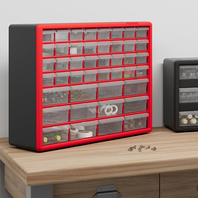 Akro-Mils 44-Drawer Plastic Drawer Storage Cabinet for Garage Organization, Bead Organizer, Building Bricks Storage, Teacher Toolbox, Makeup Organizer, 20" W x 6" D x 16" H, 10144 Red