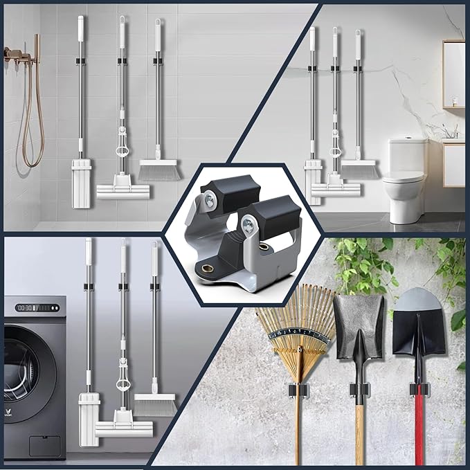 3-H 45 Pack Mop and Broom Holder Big Size Hanging 1 KG Extra,Broom Hanger Wall Mount for Hanging and Organizing Shove Rake Yard Tools in Shed Kitchen Laundry Room Bathroom Garden(Black)