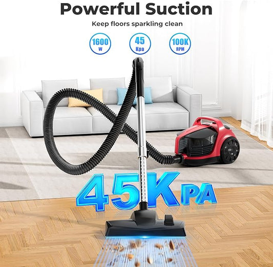 1600W Canister Vacuum Cleaner, Bagless Vacuum Cleaner with 45kPa Strong Suction, 4L Large Dust Cup, Variable Speed Control, 5 Tools, Lightweight Canister Vacuum for Home, Pet, Carpet, Hard Floor
