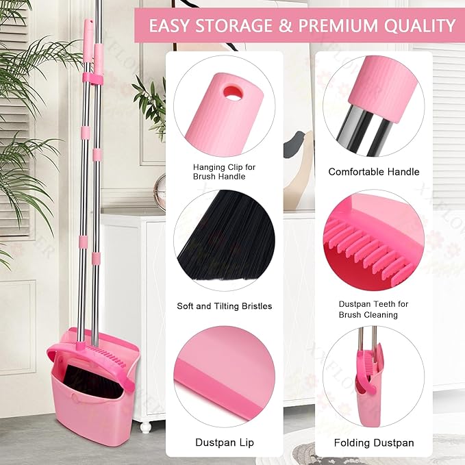 Broom and Dustpan Set, Dustpans with Broom Combo for Home, Heavy Dust Broom and Dustpan Combo, Long Handle Dust Pan and Broom Set for Kitchen, Office, Pet Hair,Pink, Pack of 1