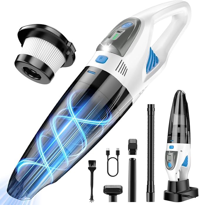 Handheld Vacuum Cordless 25000PA Powerful Suction, Portable Car Vacuum, 3 in 1 Hand Held Vacuum Rechargeable 8000mAh with LED Light, HEPA Filter, Home, Car Seats, Office, Pet Hair Blue+White