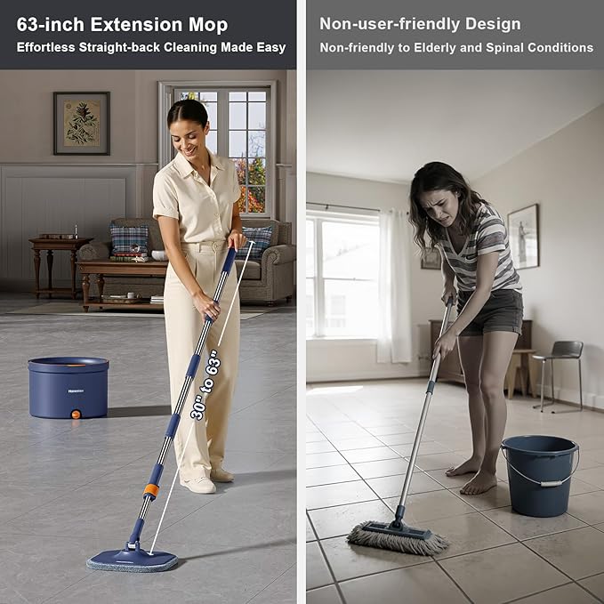 Spin Mop and Bucket Set, Mop Bucket with Separate Dirty Water System, Deep-Cleaning Mops for Floors/Wall, Versatile Mops with 4 Microfiber Mop Pads