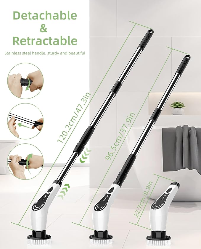 Electric Spin Scrubber, Cordless Power Scrubber with 8 Replaceable Brushs, 2-Speed Adjustable Handle Shower Scrubber, IPX7 Waterproof Cleaning Brush for Bathroom, Tile, Tub, Teens, White-qe1
