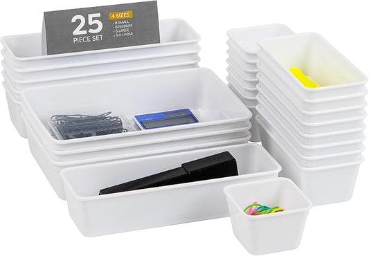 Mind Reader 25-Piece Drawer Organizer Set, Storage Trays for Kitchen, Bathroom, Office, Makeup, Jewelry & More, Junk Drawer Tray, Utensil Holder, Plastic, White
