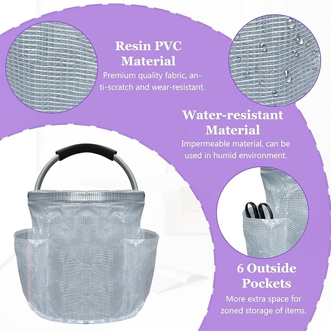17L Portable Shower Caddy with Handle, Foldable Cleaning Supply Caddy in PVC Resin, Picnic Basket with 6 Side Pockets, Multifunctional Storage Basket for Bathroom, Picnics, Transparent