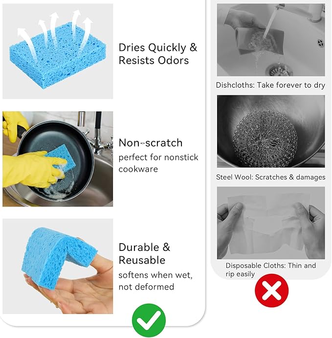 6 Pcs Kitchen Sponges for Dishes Cleaning, Non Scratch for Non Stick Cookware, Compressed Natural Cellulose Sponges, Dish Washing Scrubbers, Scrubbing Pads for Household, Bathroom (Blue)