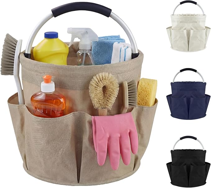 Cleaning Caddy with Handle and 6 Pockets, 17L Cleaning Supplies Organizer, 600D Oxford Fabric Storage Basket, Multifunctional Bucket Bag for Picnics, Camping, Gardening, Bathing (Khaki)