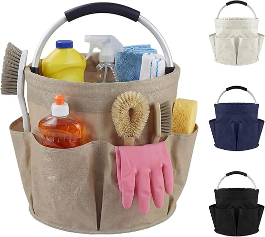 Cleaning Caddy with Handle and 6 Pockets, 17L Cleaning Supplies Organizer, 600D Oxford Fabric Storage Basket, Multifunctional Bucket Bag for Picnics, Camping, Gardening, Bathing (Khaki)