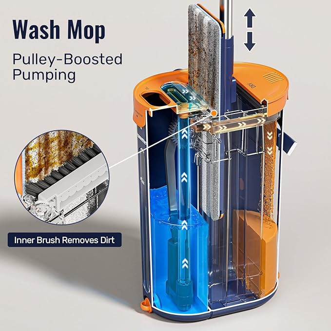 Mop and Bucket Set with Wringer, 3-Tank Flat Mop and Bucket System, Wall Mop Cleaner with Long Handle, Hands Free Mops for Floor Cleaning with 8 Microfiber Pads