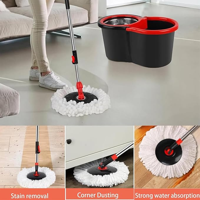 PULNDA Spin Mop and Bucket with Wringer Set, 360° Spinning Mop Bucket System with 1 Microfiber Mop Replacement Heads and 50" Stainless Steel Adjustable Handle for Floor Cleaning (15QT)