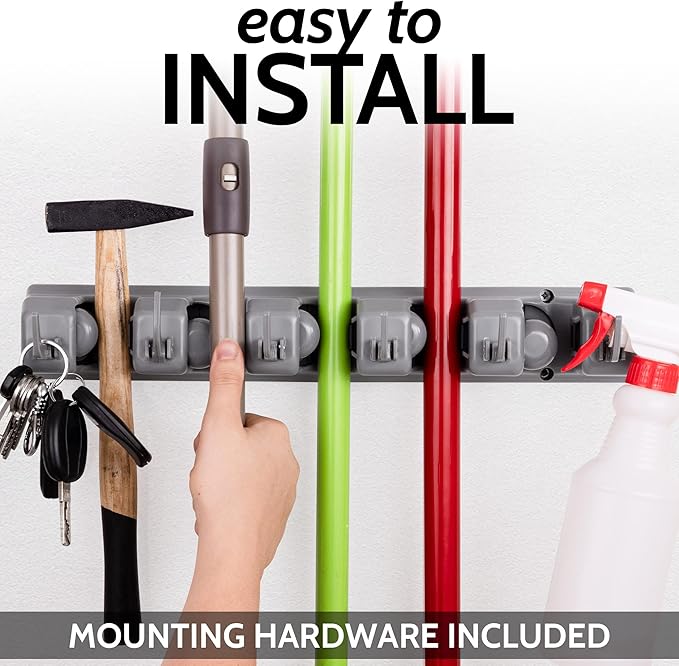 Zulay Home Mop and Broom Organizer Wall Mount - Easy To Install Mop and Broom Holder Wall Mount For Storing Cleaning Supplies - Organizer Utility Racks Mop Holder and Broom Hanger (5 Slots, Gray)