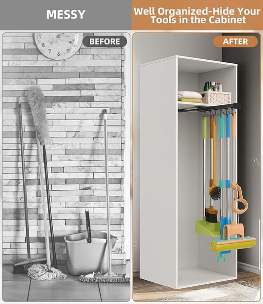 Pull Out Broom Holder With Adjustable Double Row Sliding Hook, Multifunctional Slide Broom And Mop Storage/Organizer Garage Organization Hooks, for Closet Laundry Garage - 36cm/14.17in