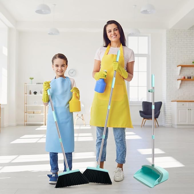 Broom and Dustpan Set, Dustpans with Broom Combo for Home, Heavy Dust Broom and Dustpan Combo, Long Handle Dust Pan and Broom Set for Kitchen, Office, Pet Hair,Green, Pack of 1