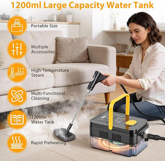 Steam Cleaner for Home with 15-Second Fast Heat-Up, Handheld Steamer for Cleaning Features 1.2L Tank, Steam Control & 16 Accessories to Remove Grease, Grout, Tile, Floor and Car Dirt