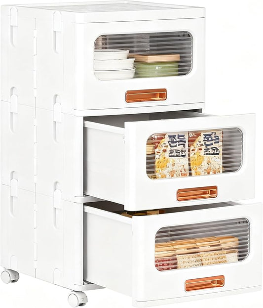 VECELO Stackable Storage Drawers Cabinet with Wheels, Storage Bins Pull Out, Waterproof Drawer Closet Organizer, Multi-Tier Stackable Design for Bedroom/Livingroom/Bathroom, Medium, 3-Tier